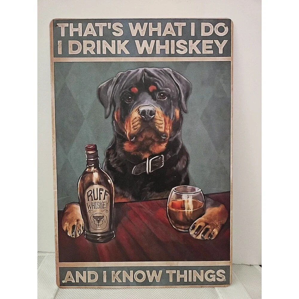 Rottweiler Whiskey Metal Tin Sign Funny Vintage Retro Dog Cave Wall Decor 8x12